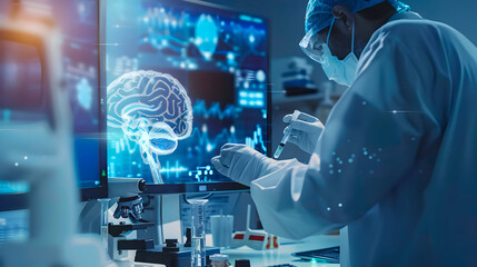Scientist examining brain sample in lab using advanced technology