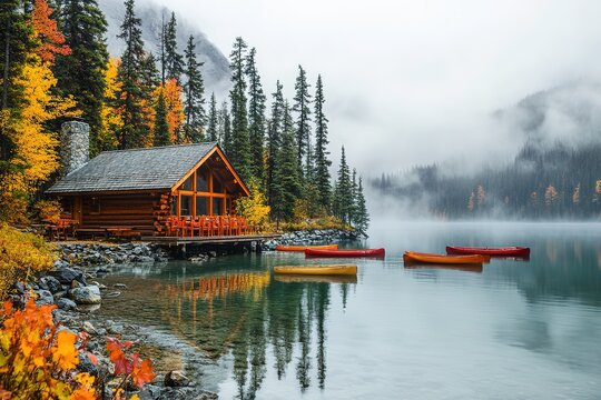 A beautiful cabin and canoes situated on a serene lakefront scene