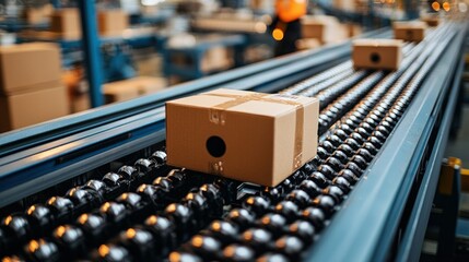 Boxes move on the conveyor belt in the factory, for e-commerce or transport