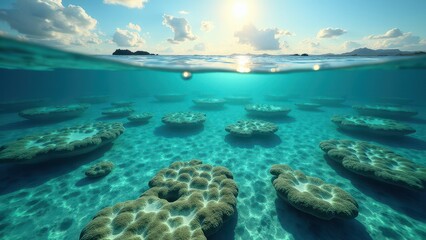 Obraz premium Aerial view of a shallow coral reef affected by bleaching in clear tropical waters 