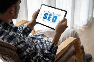 SEO search engine optimization for modish e-commerce and online retail business showing on computer...