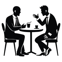 Silhouette of two business people in Deep Conversation at a Café .Businessman and Business man meating ,black silhouette,white background