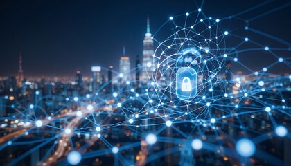 Obraz premium Cybersecurity Network: Protecting the Modern City at Night