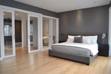 Fototapeta premium Modern bedroom interior, open concept, neutral tones, hardwood floors, spacious