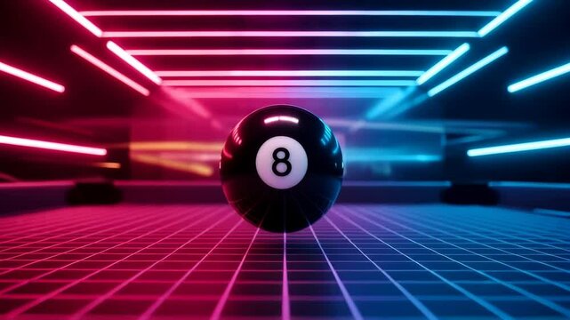 Futuristic neon billiard black ball with 8. Retro 80's style with glowing red and blue lines, game concept and nightclub party motion picture.