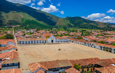 Aerial View of Villa de Leyva's Historic Square Surrounded by Mountains in Boyacá, Colombia