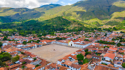 Aerial View of Villa de Leyva, Boyacá, Colombia with Scenic Mountains and Traditional Architecture