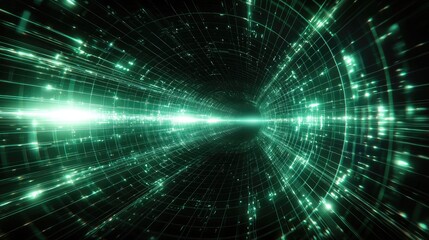 Obraz premium Futuristic green data tunnel, digital stream, abstract background, technology concept