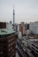 A Tokyo cityscape featuring the towering Tokyo Skytree among modern buildings. The urban landscape includes a mix of high-rises and traditional low-rise structures, with a winding road