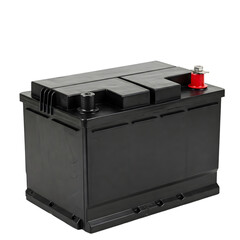 A high-quality image of a modern car battery with clearly visible terminals and safety features on a transparent background.