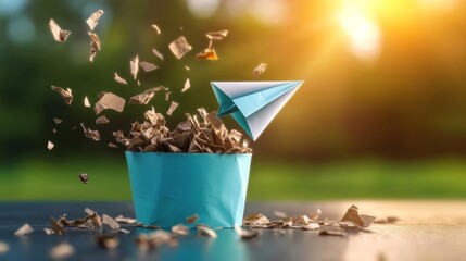 A paper airplane soaring out of a turquoise trash bin with crumpled papers scattered around. Generative AI