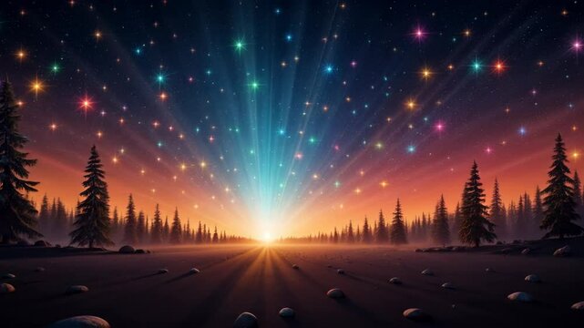 Magical aurora borealis light beams over night forest. Fantasy starfall motion picture of mystical landscape scenery above evergreens and stones, fairytale footage.