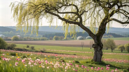 Fototapeta premium Weeping Willow Over Wildflower Meadow Landscape Photography, Spring Scenery, Nature Composition Keywords Willow, wildflowers
