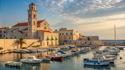 Fototapeta premium Tranquil Sunset Harbor with Cathedral Boats, Architecture, Coastal Italy, Italy, Harbour Italy, Harbour