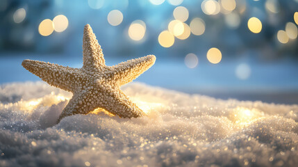 Soft, blurred background of white snow with bokeh lights and sparkling stars, creating an enchanting winter scene ideal for product display or digital art design. Tranquility - Ocean. Illustration
