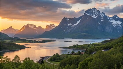 Sunset over Lofoten Mountains Wide Composition, Dramatic Sky, Coastal Village, Norway, Landscape Photography Lofoten, Norway
