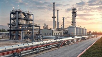 Sunset Refinery Wide Shot Composition, Industrial Pipes, Processing Plant, Energy Production Refinery, Petrochemical