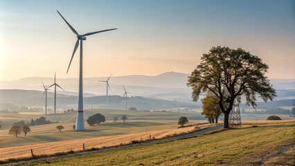 Obraz premium Sunrise Wind Farm Landscape Rolling Hills, Wind Turbines, and a Single Tree, Landscape Photography, Renewable Energy Renewable Energy, Wind Power