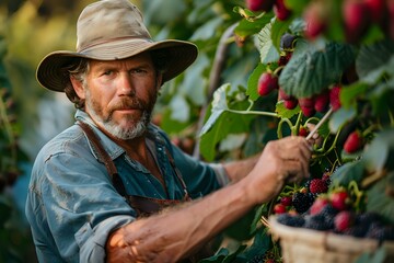 Mature bearded farmer in hat harvesting fresh raspberries from garden bush. Organic farming and local food production concept captured in natural lighting.