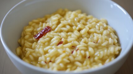 Creamy bowl of risotto Milanese saffron arranged neatly for a clean topdown capture
