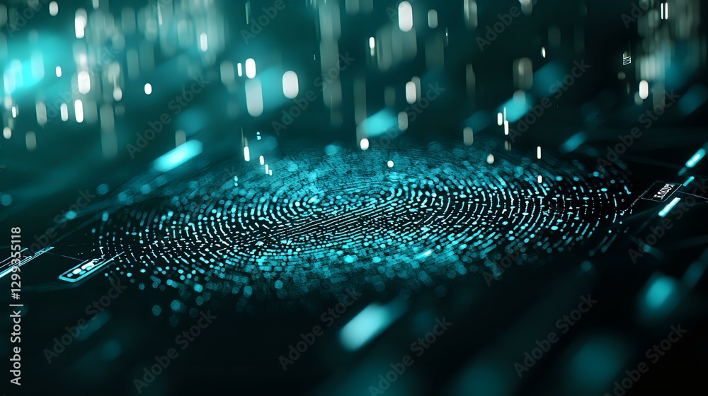 Poster digital fingerprint scan visualization with glowing cyan particles and bokeh effects on dark backgro