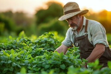 Senior Caucasian farmer in straw hat and overalls tending to organic green crops during golden sunset, working in sustainable agriculture field.