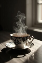 Steaming tea cup with elegant design on a saucer, placed on a wooden table in soft light
