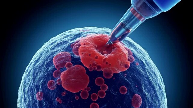 Cancer Cell Targeted Therapy: Microinjection Process. Oncology Research Video Footage For Cancer Treatment. Medical Breakthrough Technology.