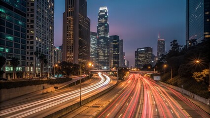 Fototapeta premium Night Cityscape Long Exposure Freeway Lights, Skyscrapers, Urban Composition, Night Photography Keywords City, Lightscapes