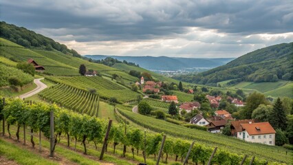 Obraz premium Panoramic Vineyard Village Landscape Cloudy Sky, Rolling Hills, Lush Greenery, Rural Houses, German Countryside. ,Vineyard,Germany