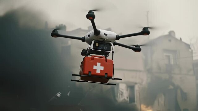Medical drone delivering first aid kit in disaster zone with smoke environment. Emergency response technology for rapid supplies transport in crisis situations.