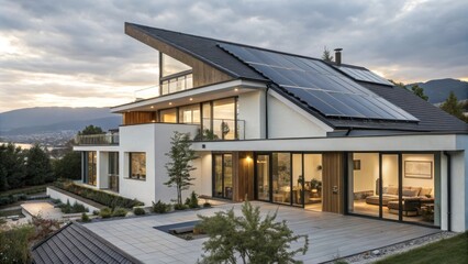 Modern Mountain Home Solar Panel Roof, Contemporary Design, Twilight View, Architectural Photography Sustainable architecture, eco-friendly home