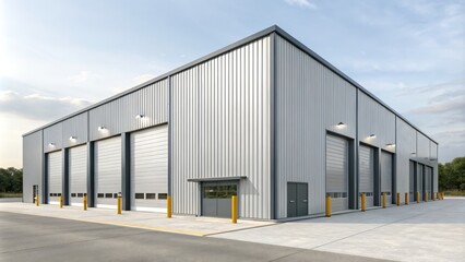 Fototapeta premium Modern Industrial Building Architectural Rendering of Gray Metal-Clad Structure with Multiple Roll-Up Doors, Architectural Visualization, Industrial Design Industrial Building, Metal