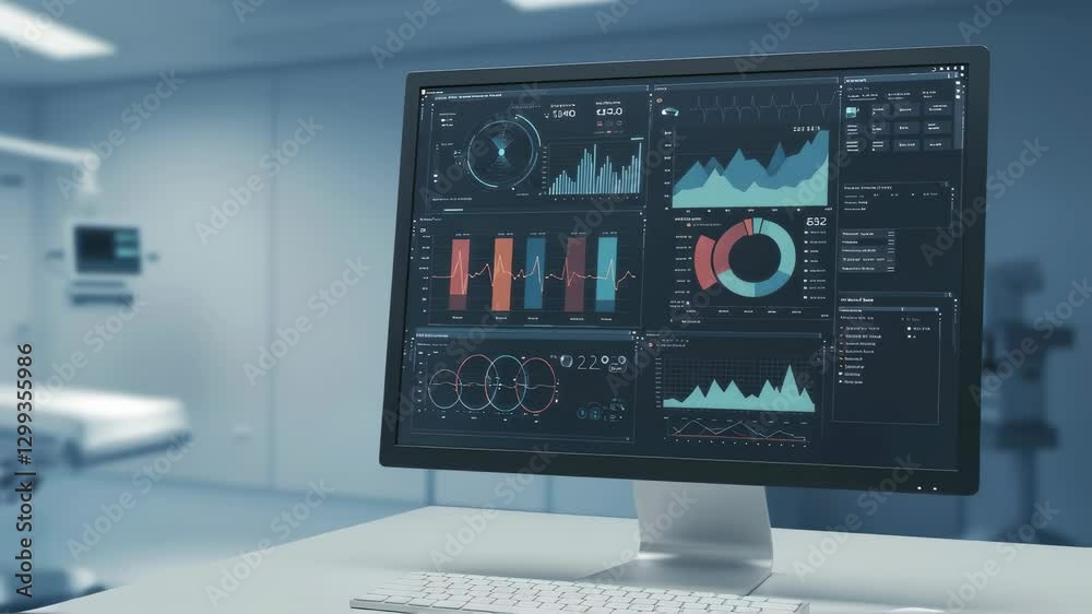 Poster advanced monitoring system in modern operating room with multiple screens displaying neural activity