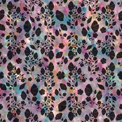 Black flowers contour pattern on layered mixed media texture. Print for home textile, bed linen, women's textile, scrapbook paper, wall paper, upholstery, wrapping texture