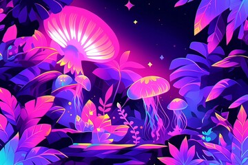 Neon seabed scene with colorful jellyfish and bright plants on a dark background