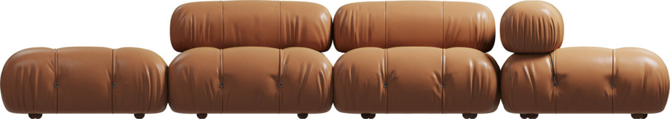 Front view of modular caramel leather sofa