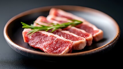 Fototapeta premium Fresh raw beef striploin steaks with rosemary on dark ceramic plate against black background. Premium marbled meat cuts showcase rich texture and quality.