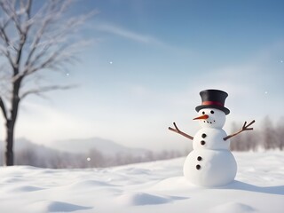 Obraz premium Winter Wonderland Snowman Amidst Wintry Landscape Featuring Copy Space Banner A Perfect Winter Concept Photo