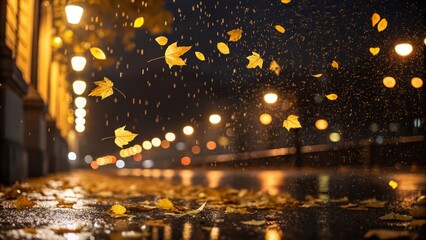 Falling Leaves at Night Bokeh Lights, Autumnal Composition, Rain, Night Photography Autumn, Night Photography