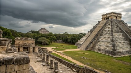 Chichen Itza Pyramid under Stormy Sky Wide Shot Composition, Mayan Ruins, Ancient Architecture, Mexico Mayan, Chichen Itza