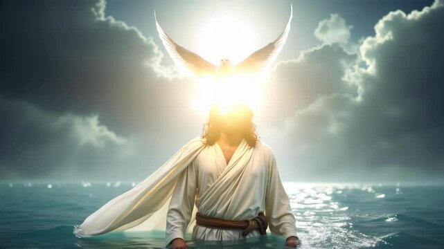 Jesus being baptized in the river, with the Holy Spirit descending as a white dove. Religious imagery, spiritual scene. For illustrations and religious projects