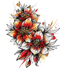 Elegant Floral Tattoo Design &ndash; Vibrant Red and Gold Flowers with Artistic Details