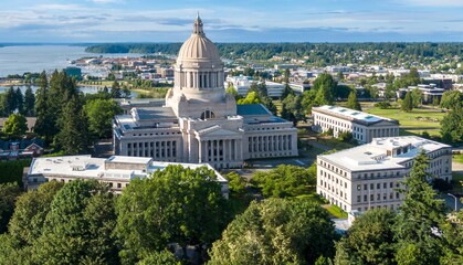 High-angle view of the Washington State Capitol building in Olympia, WA. Government buildings and surrounding parkland. Beautiful day. Washington, USA