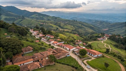 Aerial View of Hillside Village Red Tile Roofs, Rolling Hills, Sunset, Colombia, Landscape Photography Colombia, Aerial Photography