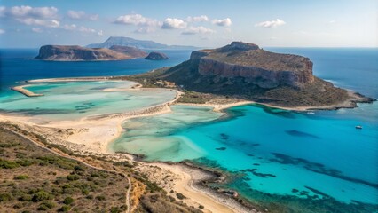 Fototapeta premium Aerial View of Elafonisi Beach, Crete Turquoise Waters, Sandy Beaches and Coastal Cliffs, Landscape Photography Crete, Elafonisi