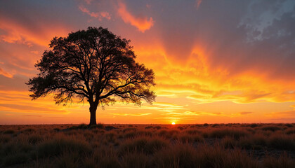Majestic tree silhouetted against vibrant twilight sky, natural beauty