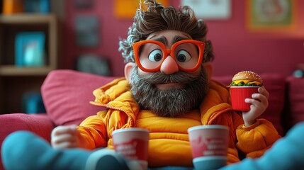 Cartoon man eating burger on couch