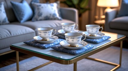Elegant Living Room with Tea Set on Glass Coffee Table, Modern Interior Design, Cozy Furniture