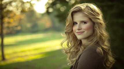 Naklejka premium Charming blond woman smiling naturally in a park setting, backlit by sunlight